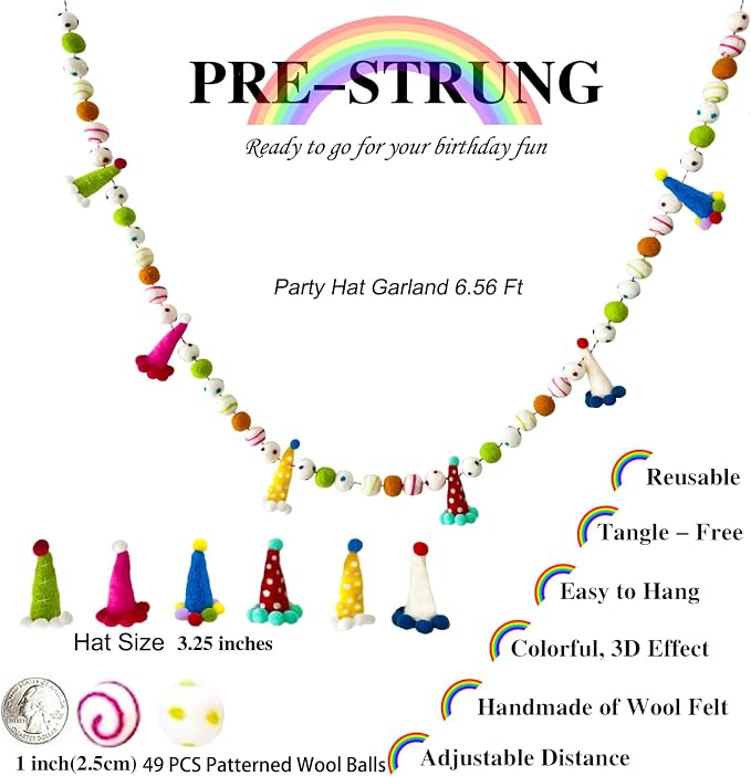 Pre-Strung Personalized Felt Ball Garland, Reusable Happy Birthday Banner, Rainbow Felt Garland, Colorful Birthday Decorations, Cute Party Hats for Birthday Holiday Party Home Wall Mantel Decor