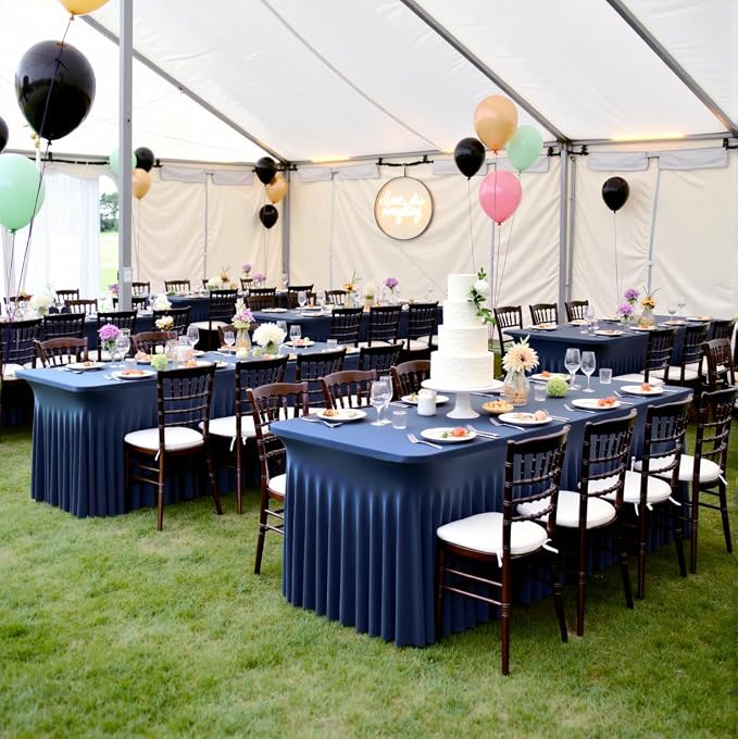 2 Pack Navy Blue Spandex Table Cloth for 6 Foot Rectangle Tables, Wrinkle Free Stretchy Tablecloths with Skirt Fitted Table Covers for Parties Weddings Birthday Banquet Baby Shower
