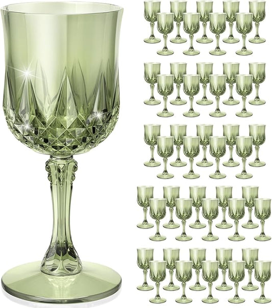 Plastic Wine Glasses, Disposable Plastic Goblets 7.1oz for Wedding Party Holiday, Unbreakable Wine Cups with Stem Vintage for Champagne, Juice, Cocktail (48pcs Green)