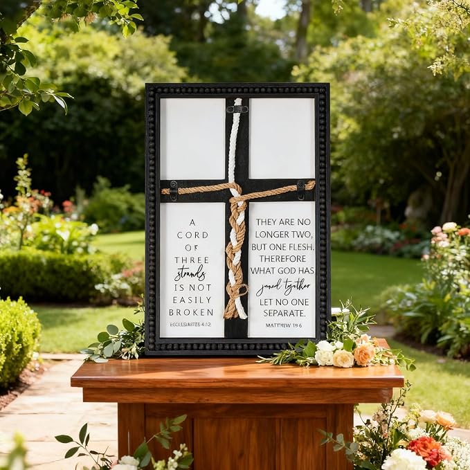 Farmhouse A Cord of Three Strands Wedding Ceremony Sign with Wooden Bead and Hanging Hook, Vintage Rustic Wood Unity Cross for Wedding Ceremony, 11 X 15 Religious Christian Wall Decor Gift for Couple
