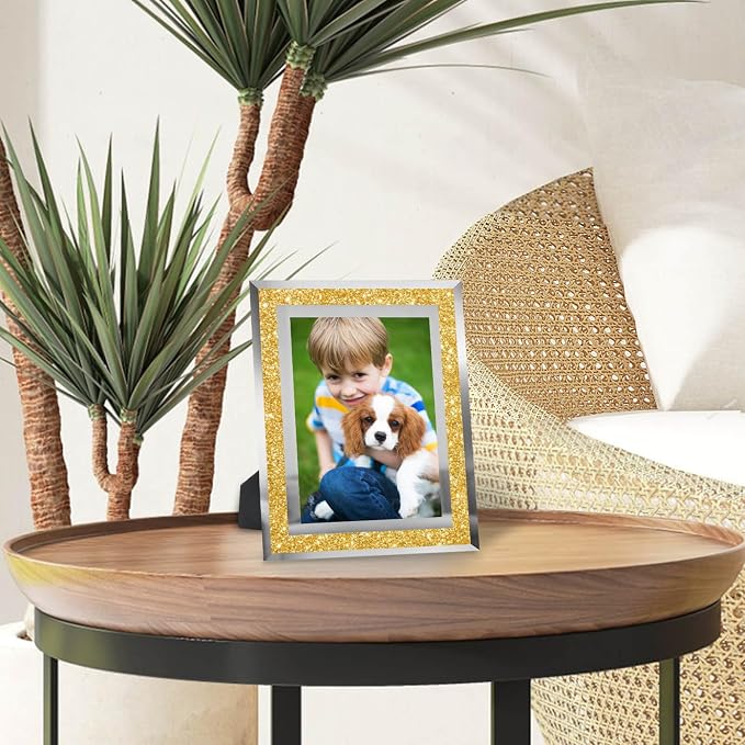 HIKWADERY 4x6 Picture Frames Gold - Set of 4, Sparkle Real Glass 4 by 6 Photo Frame with Silver Mirrored Edge, for Tabletop Display, Wedding Birthday Mothers Day Gifts (4 x 6, Glitter Gold)