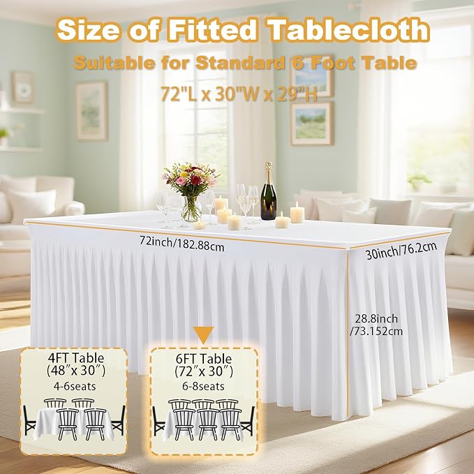 WJWHQ 5 Pack White Spandex Tablecloths, Stretch Fitted 6ft Table Cover (120 Inch) with Skirt, Wrinkle Free for Weddings, Parties, Banquets, Dining Fits 6 Foot Rectangle Tables