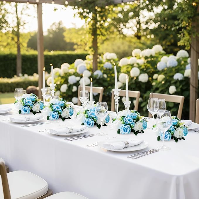 Artificial Flower Centerpieces for Tables: 6pcs of Rose Flower Balls, Flower Kissing Balls, Fake 15-head Plastic Flower Roses with Base for Birthday Party Christmas Home Wedding Decor (Blue White)
