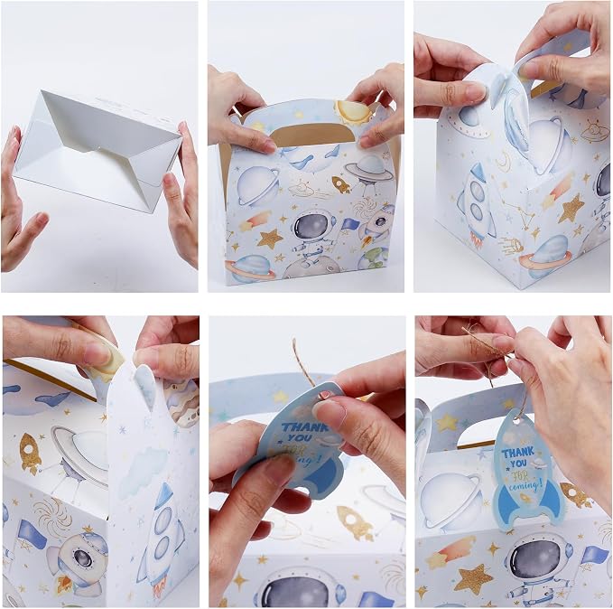 HAPPARTY 24PCS Blue Space Astronaut Party Favor Gift Boxes for Boy With Thank You Tags, First Trip Around the Sun Candy Treat Goodie Bags Boxes for Boy Birthday Baby Shower Decorations