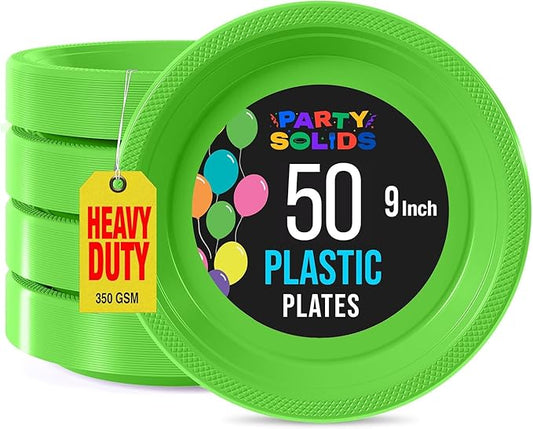 Exquisite Party Solids Lime Green Plastic Plates For Party Supplies 9" Lime Green Disposable Plates Heavy Duty 50 Pcs Plastic Dinnerware Sets Heavy Duty 350 GSM Disposable Dinnerware Set