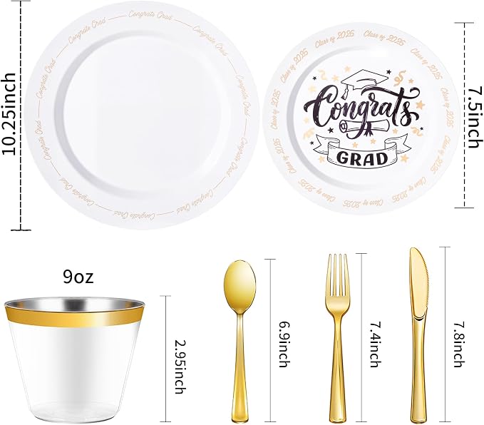 Goodluck 350 Piece Graduation Gold Plastic Dinnerware Set for 50 Guests, Congrats Grad Disposable Plates Include: 50 Dinner Plates, 50 Dessert Plates, 50 Cups, 50 Pre Rolled Napkins with Silverware