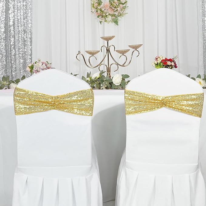 Poise3EHome Set of 50 Stretch Sequin Chair Sashes Bands Gold One-Sided Sequins Decorative Bows for Wedding Party Event Chair Covers