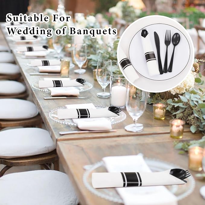 Supernal 120 Pack Black Plastic Silverware,Rolled Silverware Disposable,Pre Wrapped Cutlery Set with Napkin,Plastic Utensils Heavy Duty, Rolled Black Cutlery