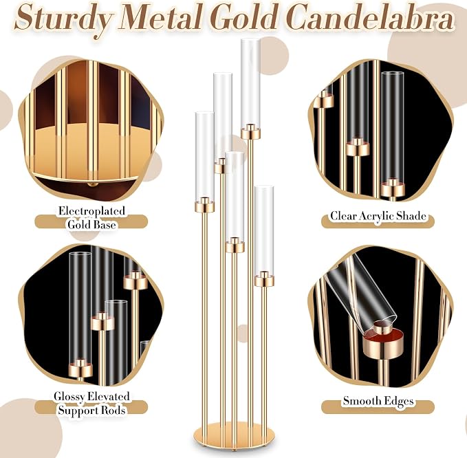 Tandefio 4 Sets Acrylic Candelabra Centerpieces 42.5" Tall Clear Candle Holders Pillar Taper Candlestick with Lampshades 5 Arm Floor Candelabra Stand for Wedding Christmas Ceremony Dinner Party