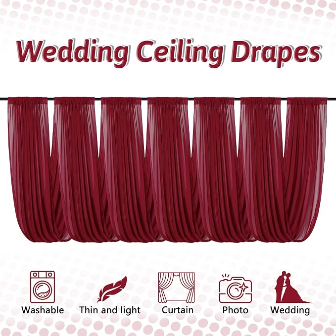 DUOBAO Burgundy 5x20ft Chiffon Ceiling Drapes 6pc Elegant Sheer Wedding Backdrop Curtains Ideal for Tent, Banquet Hall, and Photography