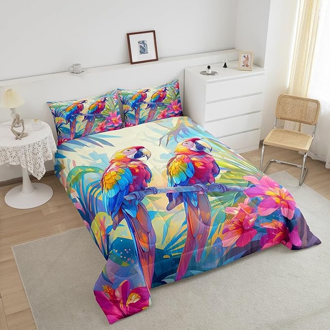jejeloiu Parrot Comforter Set Toddler Kids Blossom Flowers Floral Pattern Bedding Set for Boys Girls Woodland Bird Animals Palm Leaf Nature Theme Duvet Quilt Room Decor