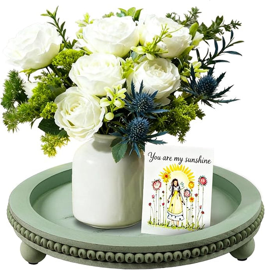 Candle Plate Hold Tray, Sage Round Trays, Wooden Decorative Tray for Coffee Table Decor, Beaded Edge Wood Tray Riser for Living Room Table, Mug Display Decorative, Table Centerpiece, Rustic Green