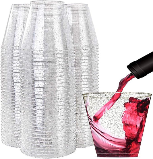 WDF 200pcs 9OZ Silver Cups, Plastic Disposable Premium Wedding Silver Glitter Plastic Cups for Baby Shower Wedding Spring Party