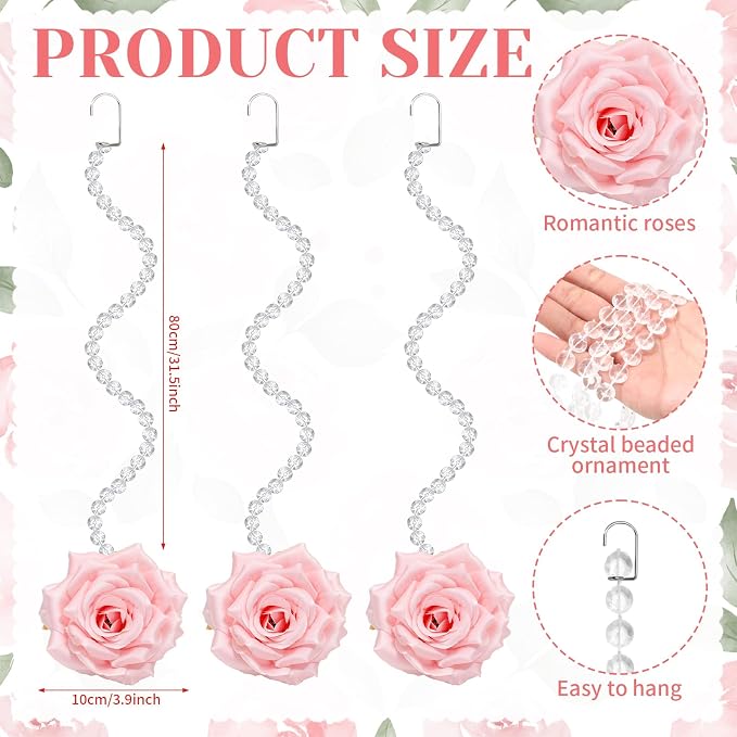 FYSUIMU 24Pcs 31.5 Inch Wedding Pink Artificial Rose Vine Garland Faux Flower Crystal Bead Hanging Garland for Valentine Birthday Wedding Party Decoration DIY Crafts Supplies