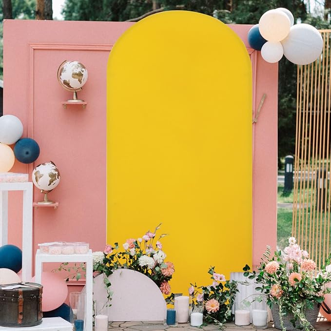 FOTSHARER Gold Wedding Arch Cover 4x7.2FT Spandex Arch Cover Backdrop Fabric Balloon Arch Covers for Bridal Baby Shower Chiara Backdrop Covers Boho Round Top Arches Stand Cover for Party Banquet Decor