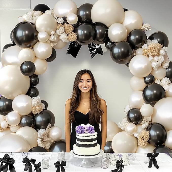 Black and White Balloons Arch Kit - 119 PCs Double Stuffed Cream and Black Balloons Garland Pearl White Sand Beige Ivory Balloons for Wedding Coquette Birthday Party Decorations