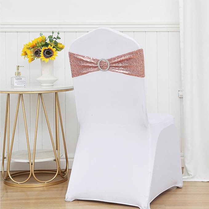 Double-Sided Sequins Rose Gold Chair Sashes for Wedding Decor, Rose Gold Sequin Chair Sashes Bands with Silver Buckles, Chair Bows for Party Ceremony Event Christmas Decorations - 100 Pack