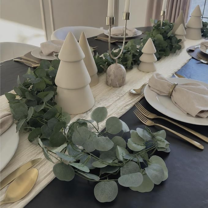 Leinuosen 8 Set 10 Ft Ivory Cheesecloth Table Runner Wedding Decor with 6 Ft Eucalyptus Garland, Boho Gauze Table Centerpiece Runner for Wedding Baby Shower Birthday Party Decoration