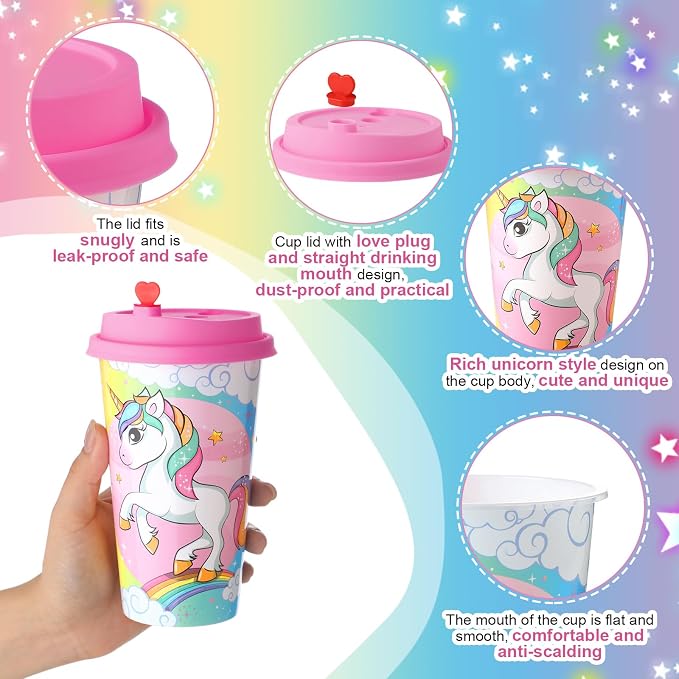 Maxcheck 36 Sets 16 oz Unicorn Party Favors Goodie Cups with Colorful Lids and Straws for Birthday Decorations Reusable Plastic Candy Cups Bulk Plastic Straws for Birthday Party Celebration Gifts