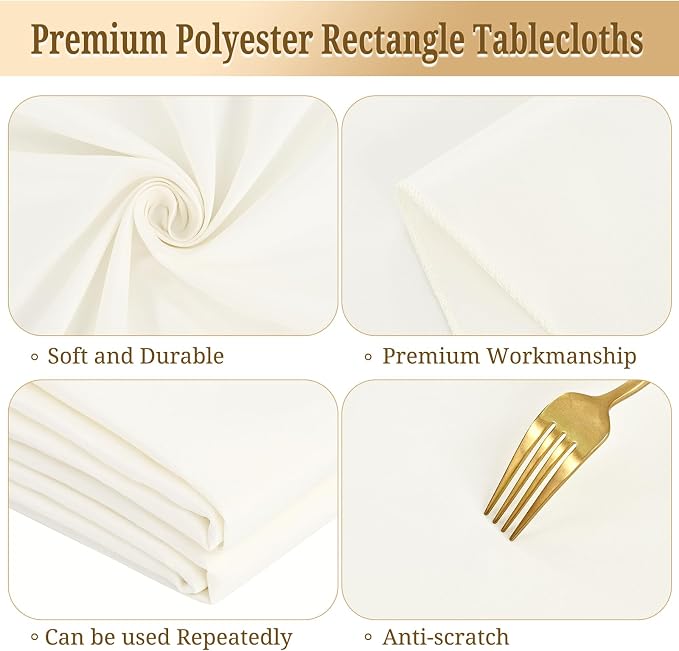 10 Pack 60 x 126 Inch Rectangle Tablecloth, Ivory Tablecloth for 8 Feet Rectangle Tables, Stain and Wrinkle Resistant Washable Fabric Table Cloth for Wedding Dining Table Buffet Parties Camping
