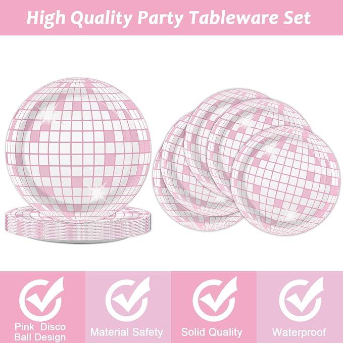 96PCS Pink Silver Disco Party Plates Napkins Disco Birthday Decoration 70s Theme Disposable Paper Cake Tableware Serve 24 Guests Women Girls Baby Shower Bachelorette Wedding Birthday Party Favor