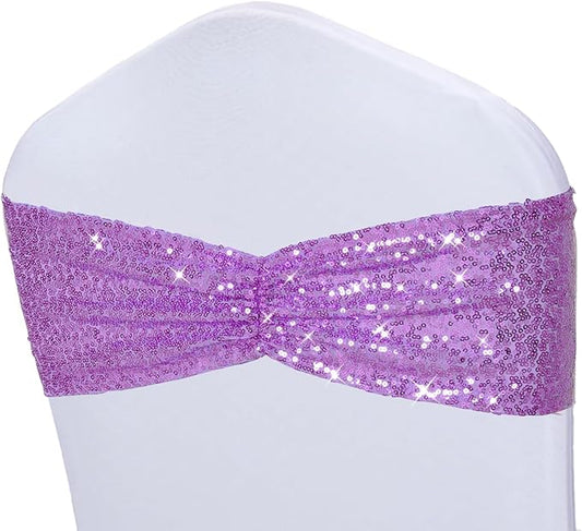 Poise3EHome Lavender Sequin Chair Sashes,Folding Chair Cover Bands for Wedding Party Ceremony Banquet Decorations, 20 PCS