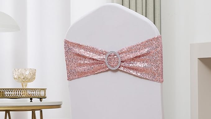Pack of 50 Spandex Sequin Rose Gold Chair Sashes for Wedding, Chairs Bands Buckles for Party Folding Chairs Fiesta Bridal Shower Christmas Decor - Rose Gold Chair Sash Bows