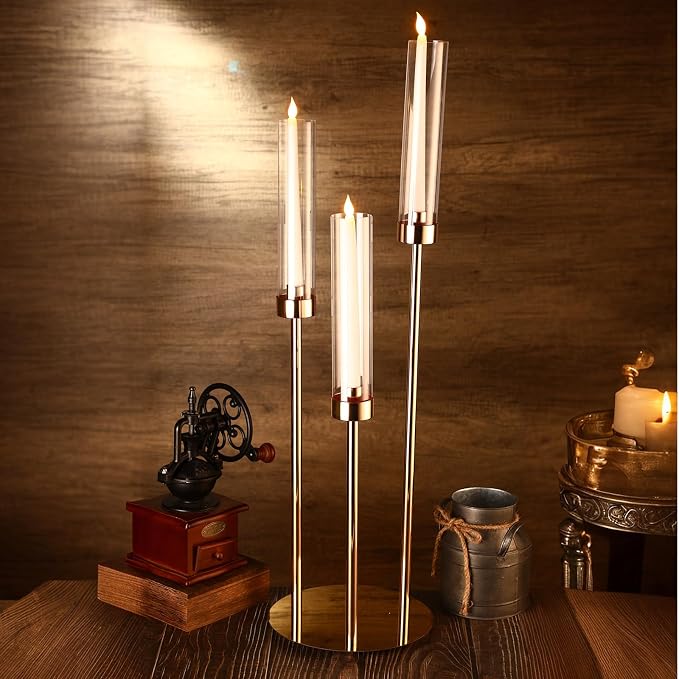 Layhit 6 Set Wedding Gold Candelabra Centerpieces for Tables, 3 Arm Tall Acrylic Candle Holder Centerpiece with Clear Shades for Reception, Party, Dining Decor, Anniversary, Fits 0.87" LED Candles
