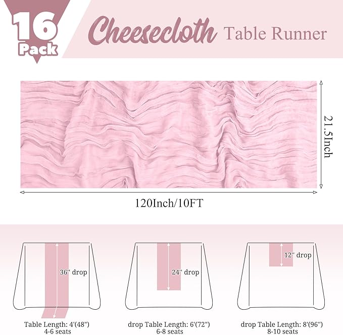 16 Pack Pink Table Runner 10FT Cheesecloth Table Runner Boho Gauze Table Runners Rustic Long Sheer Fabric Table Runners for Wedding Party Bridal Shower Farmhouse & Home Decor