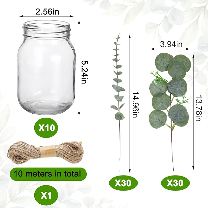 XunYee 10 Set Mason Jar Table Centerpiece with Flower Mason Jar Flower Centerpiece Vases Decor for Engagement Party Bridal Shower Wedding Reception Table Decor(Light Green,Eucalyptus)