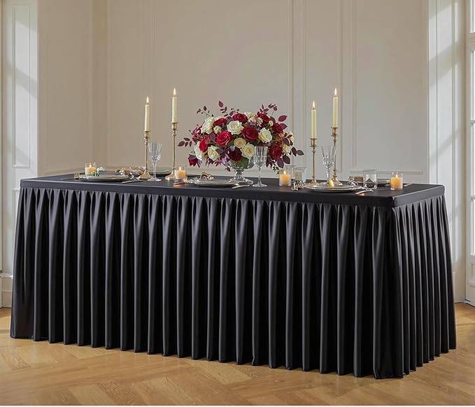 Black Polyester Table Cloths for Rectangle 8 Foot Tables, 1 Pack Wrinkle Free Tablecloths Stretchy Banquet Ruffle Fitted Table Cover Desk Skirt for Parties Wedding Birthday Baby Shower