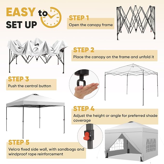 GDY 12x12ft Pop Up Canopy Tent with 4 Sidewalls, with Center Lock, 3-Level Height Adjustment, Wheeled Bag, for Gardens, Poolside, or Patio Lounge Spaces, White