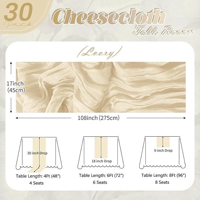 30 Pack Ivory Cheesecloth Table Runner 17 x 108 inch Cheese Cloth Table Runners 9ft Ivory Table Runner Rustic Romantic Sheer Gauze Runner for Wedding Party Baby Shower Table Decoration