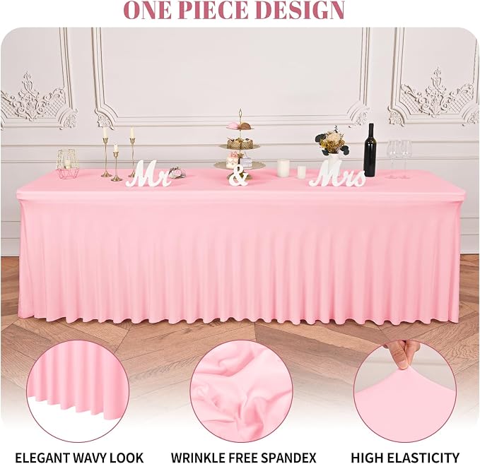 2 Packs Pink Stretch Table Skirts for 8 Foot Rectangle Table, Washable Spandex Stretch Tablecloths with Skirt, Wrinkle Resistant Fitted Tablecover for Wedding Party Banquet