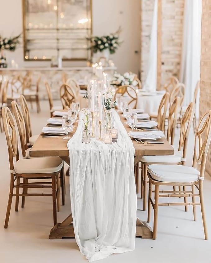 12 Pack White Table Runner, 10FT Cheesecloth Table Runner Long Romantic Semi Sheer Rustic Boho Gauze Table Runners for Wedding Bridal Shower Birthday Party Decorations(21.5×120 Inch)