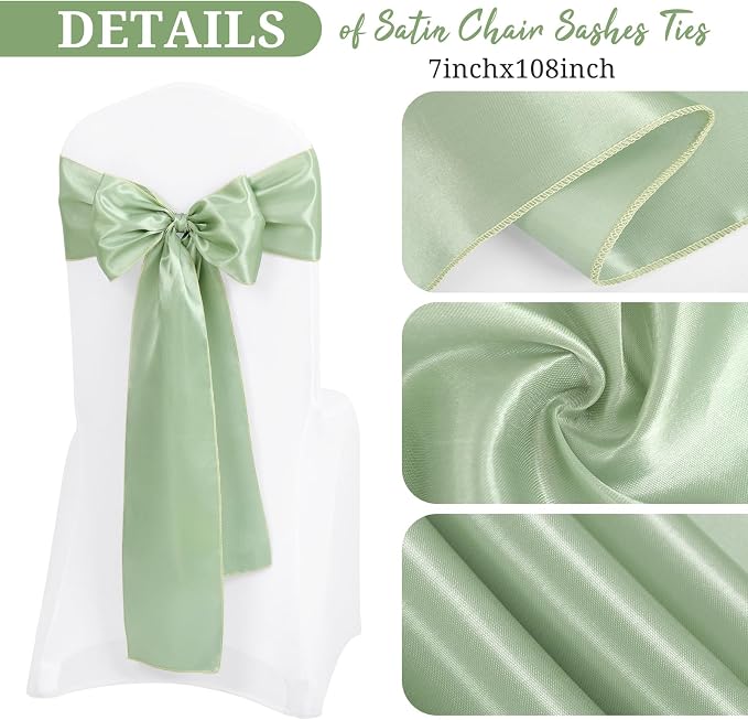 Pesonlook 60 PCS Sage Green Satin Chair Sashes Bows Satin Chair Sashes Universal Chair Cover for Wedding Reception Restaurant Event Decoration Banquet,Party,Hotel Event Decorations (7 x 108 inch)