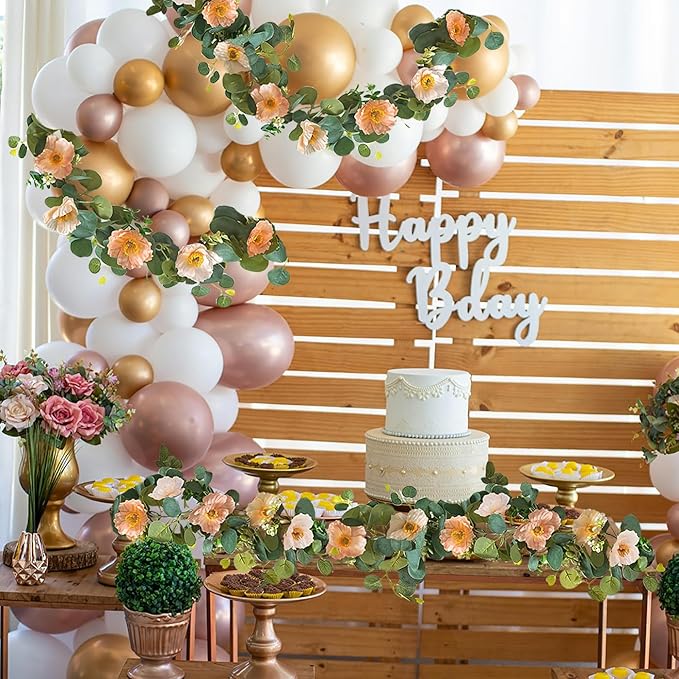 5.74 FT Artificial Poppies Flower Garland, Floral Garland Greenery Vines with Eucalyptus Hanging Flowers Vines for Home Wedding Mantle Table Outdoor Decor (Coral)