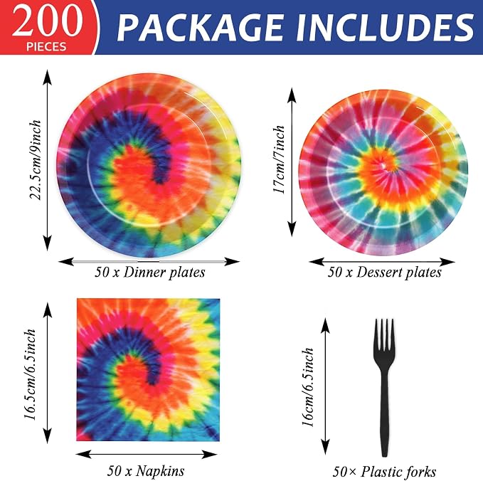 50 Guests Tie Dye Plates and Napkins Party Supplies Tie Dye Party Decorations Disposable Tableware Set Birthday Dinnerware Favor for Kids Girls Baby Shower Birthday Party Graduation, 200PCS