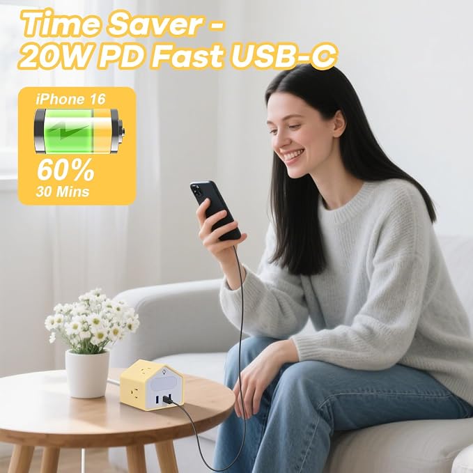 Handy Power Strip with Night Light - Yolk-Yellow Power StripOverload Protection Plug- 20W USB C Charging Station - 4 Outlets + 3 USB Ports for Desk, Nightstand, Couch, Makeup, Electronic Accessories