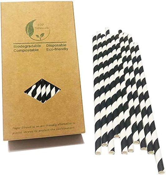 Black and White Striped Paper Straws, 100% Biodegradable and Compostable Black Striped Drinking Straws For Party Supplies, Birthday, Restaurant, Food Service