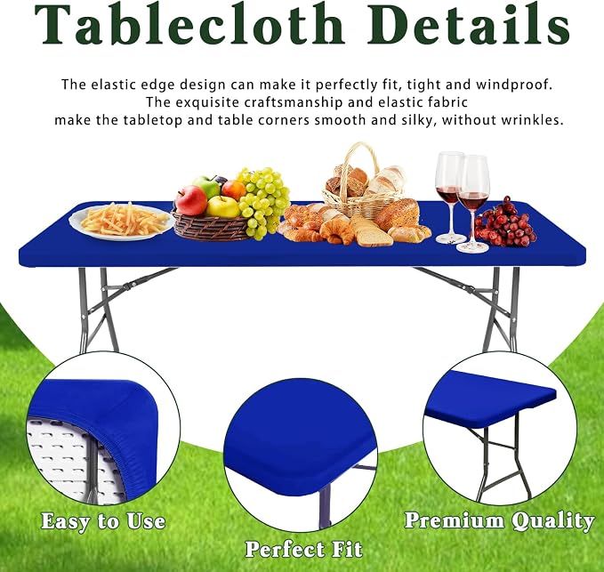 Picnic Table Cover 10 Pack Elastic Fitted Tablecloths for 6 Foot Rectangle Tables Waterproof Stretch Washable Patio Folding Outdoor Spandex Table Cloth Camping Banquet Parties (Royal Blue,30" x 72")