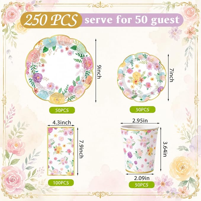 Pickmesh 250 Pcs Garden Blooms Wildflower Disposable Tableware Set Watercolor Floral Paper Plates Napkins and Cups for Wedding Birthday Party Supplies Bridal Baby Shower Engagement, Serve 50 Guest