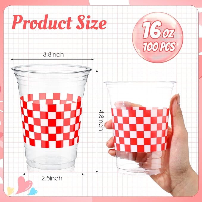 100 Pcs Red and White Checkered Cups 16 oz Disposable Red Gingham Plaid Plastic Cups Bulk for Picnic BBQ Decorations Racing Themed Birthday Party Supplies Carnival