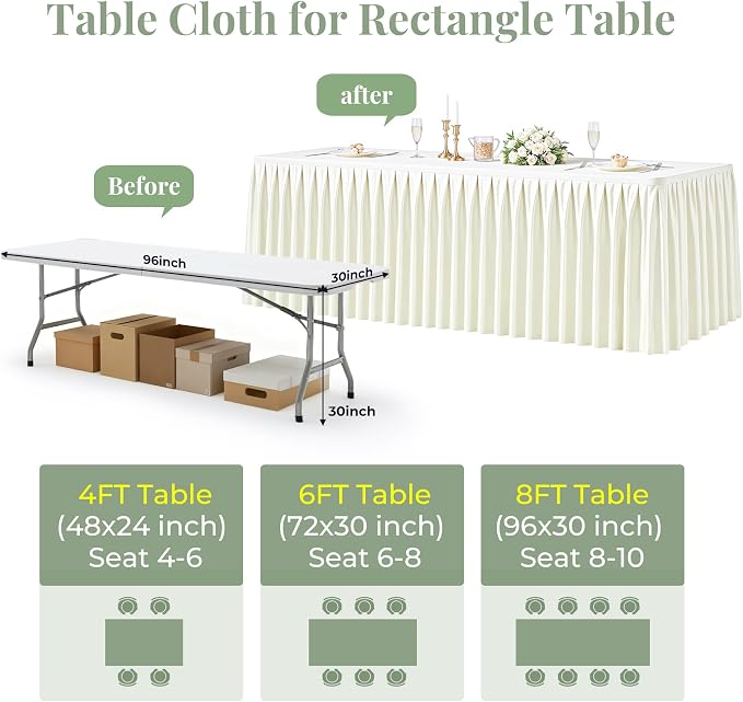 Ivory Satin Tablecloths Rectangle 8FT, Glitter Fitted Stretch Table Covers Wrinkle-Free Floor Length Shimmer Table Skirt for Weddings Parties Baby Shower Banquets Vendor Events