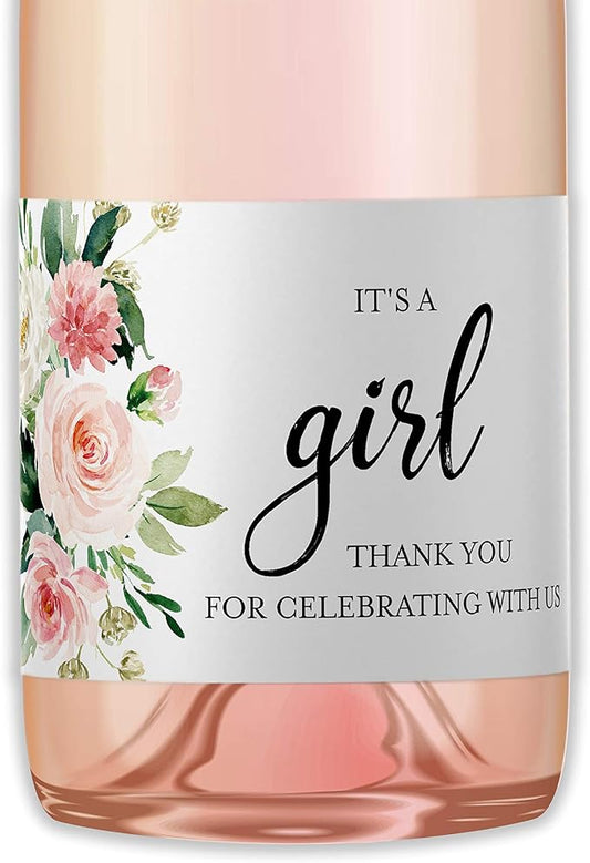 It’s a Girl Mini Champagne Bottle Labels ● SET of 12 ● Pink Baby Shower Mini Champagne Label, About to POP Thank You for Celebrating with us Favors Stickers Gender Reveal WATERPROOF (Floral)