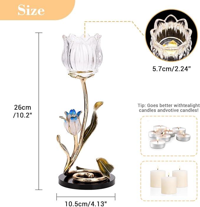 Luxury Crystal Glass Flower Candle Holder – Romantic French-Style Aromatherapy Tea Light Stand, Gold Floral Table Centerpiece for Weddings, Home Decor, Romantic Ambiance