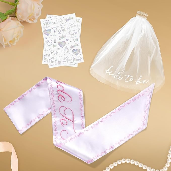 Luxury Bride to Be Sash Set – Embroidered Sash with Colored Trim, Embroidered Veil & Temporary Tattoos – Bridal Shower Hen Night Bachelorette Party Accessories