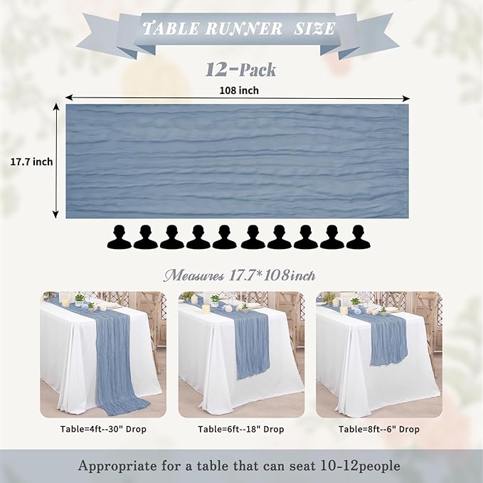 12 Pack Dusty Blue Table Runner, Cheesecloth Table Runner Long Romantic Semi Sheer Rustic Boho Gauze Table Runners for Wedding Bridal Shower Birthday Party Decorations(17.7×108 Inch)