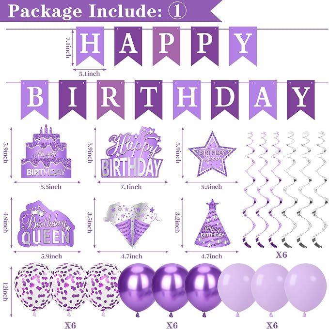 Purple Birthday Decorations for Women Girls, 30pcs Birthday Queen Crown and Sash, Purple Banner Balloons Backdrop Hanging Swirls Paper Fans Bday Party Decorations Kit Gifts for Her