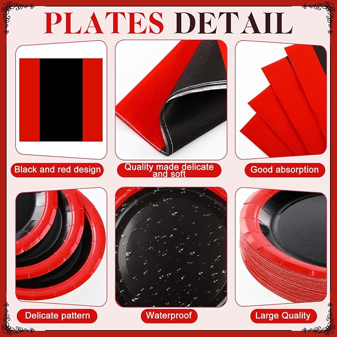 Funnymoom 452 Pcs Red and Black Party Decorations, Red and Black Paper Plates Cups Napkins Tablecloth Cutlery Straws Baby Shower Wedding Birthdays Party Supplies, 50 Guests